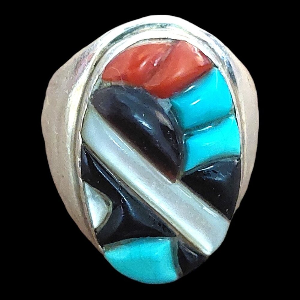 Vintage Zuni Cobblestone Inlay Ring Size 8Turquoise MOP Signed R&GT 19g